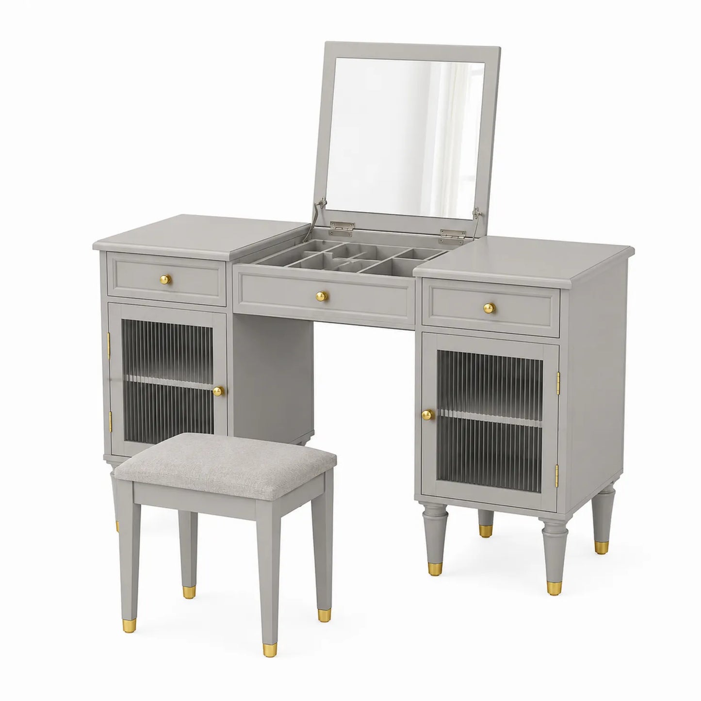 Toletta in MDF Grigio con Sgabello e Specchio