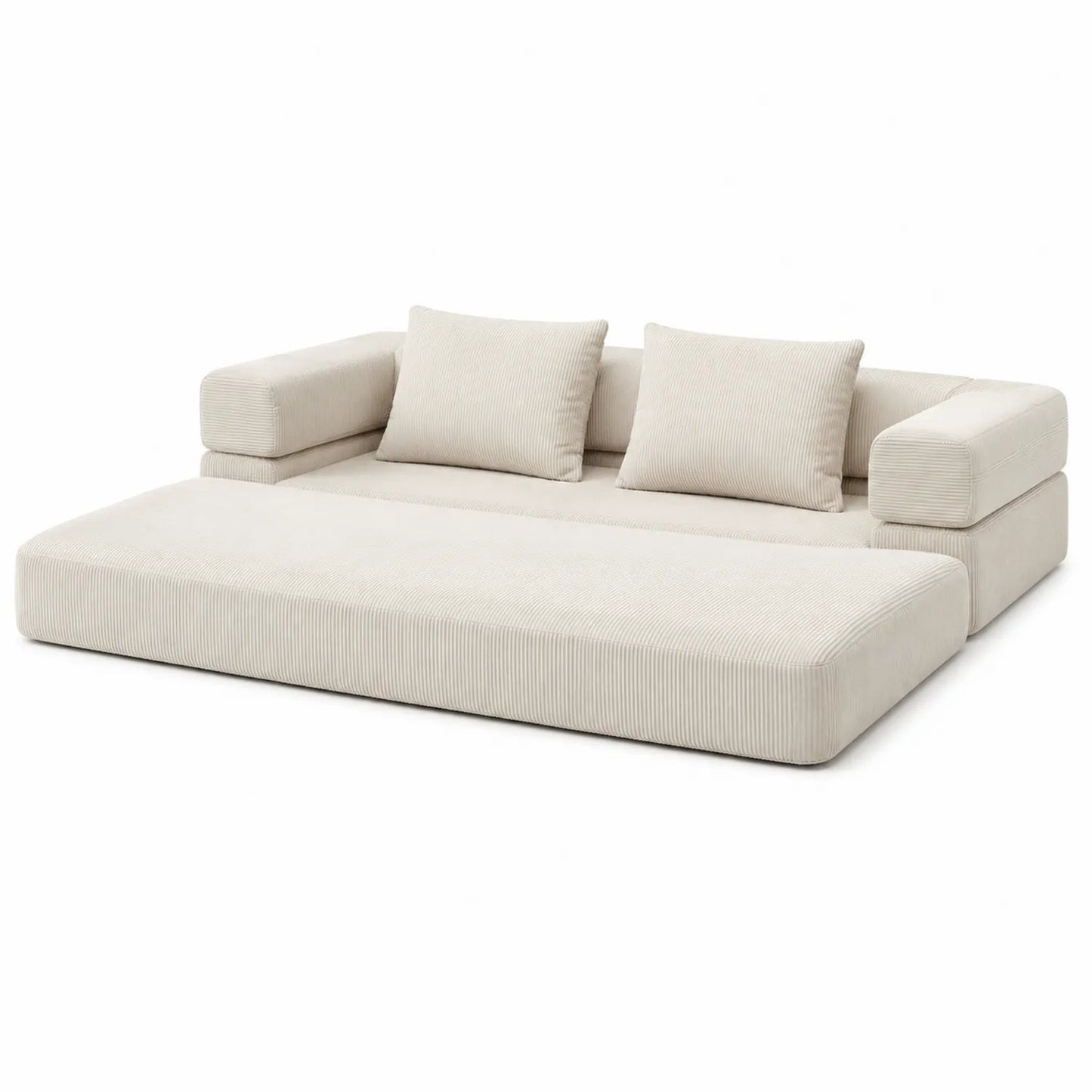 Divano modulare in tessuto a coste beige con cuscini
