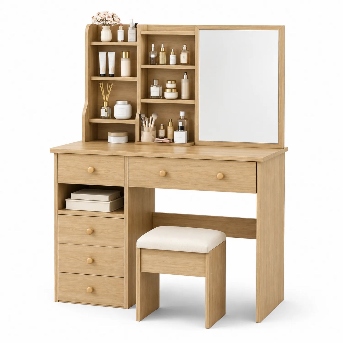 Tavolo da Trucco in Legno con Specchio e Sgabello