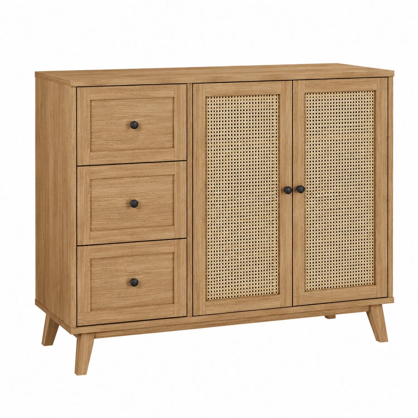 Credenza in legno con ante in rattan e 3 cassetti