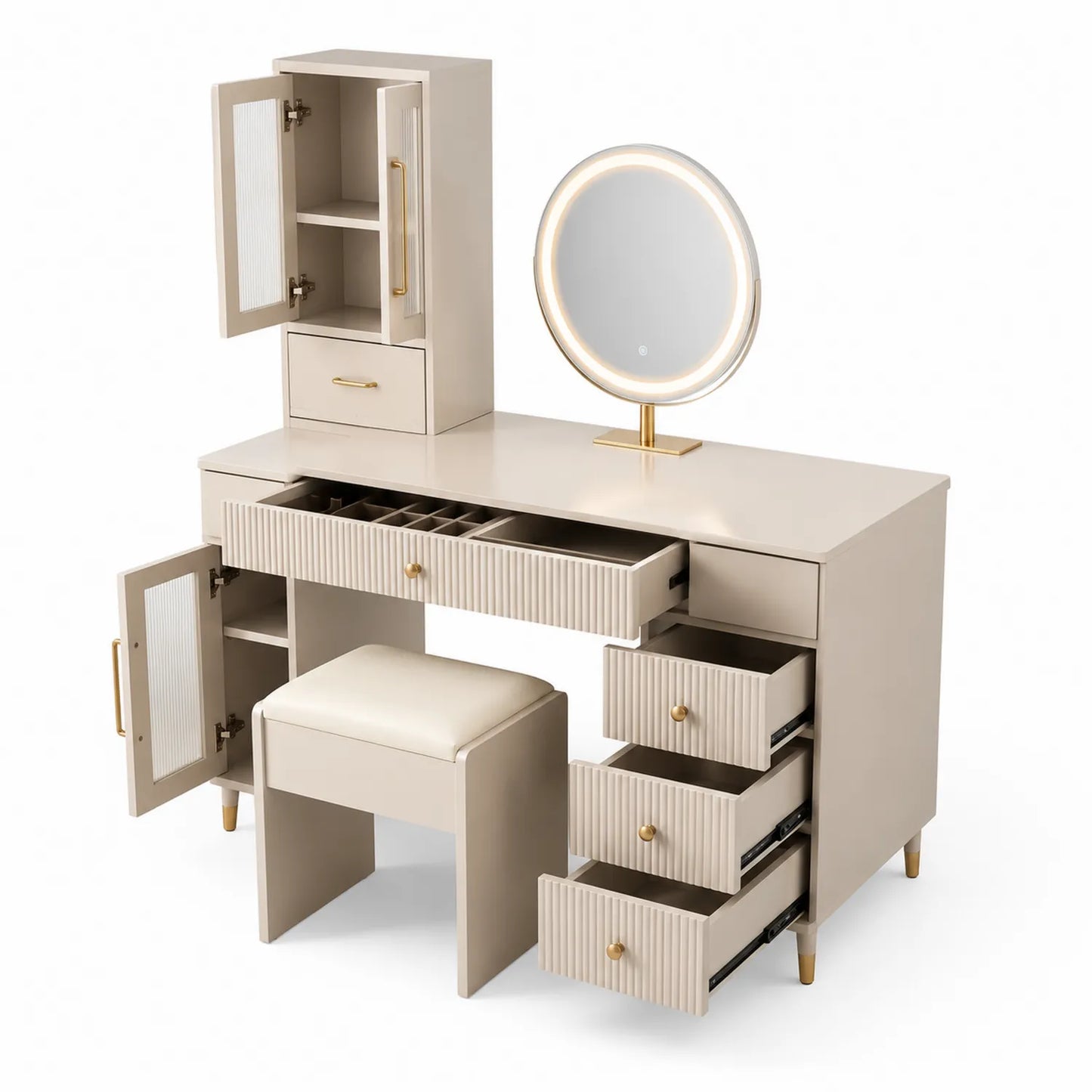 Toletta in MDF con Specchio LED e Sgabello Imbottito Beige