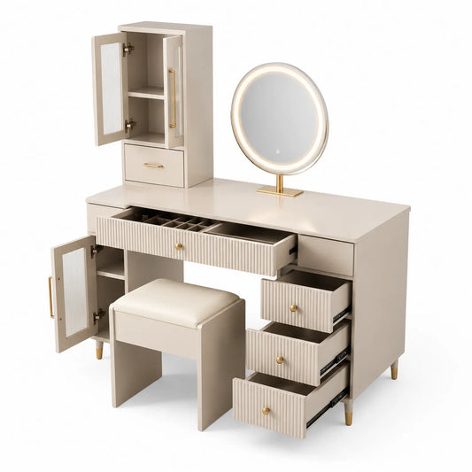 Toletta in MDF con Specchio LED e Sgabello Imbottito Beige