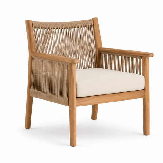 Poltrona da esterno in legno di teak e corda sintetica con cuscino sfoderabile