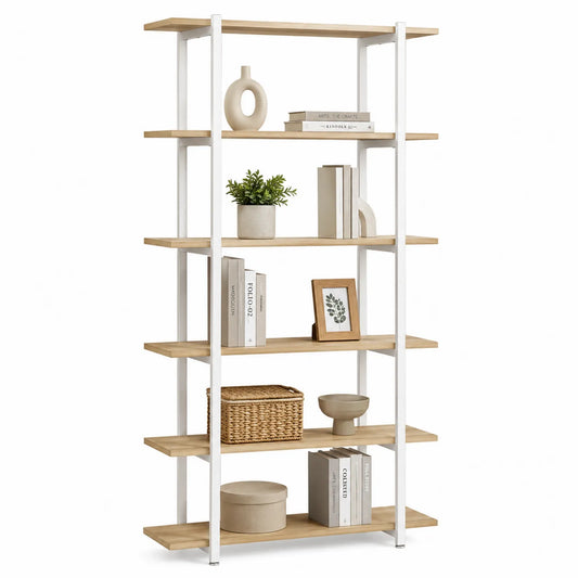 Libreria a 6 Ripiani in Legno MDF e Metallo Verniciato Bianco