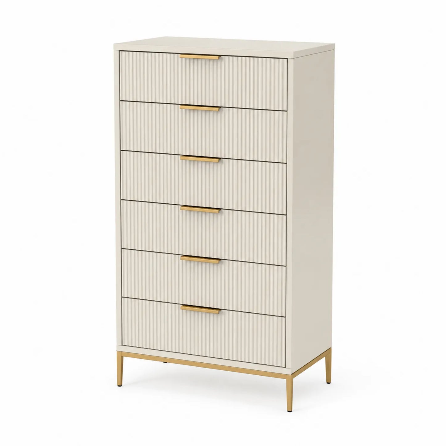 Cassettiera alta in MDF bianco crema con maniglie dorate e gambe in metallo 130x60x40 cm