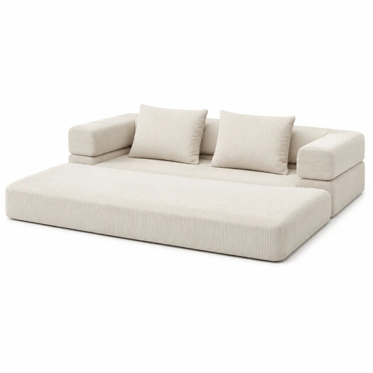 Divano modulare in tessuto a coste beige con cuscini