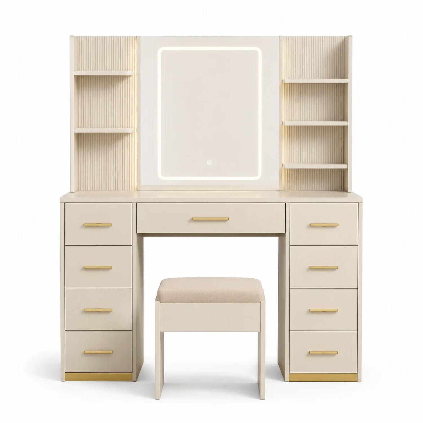 Toletta in Legno Composito Beige con Specchio LED e Sgabello