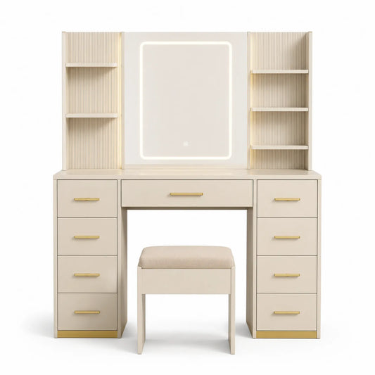 Toletta in Legno Composito Beige con Specchio LED e Sgabello