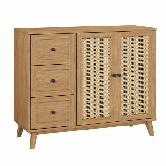 Credenza in legno con ante in rattan e 3 cassetti