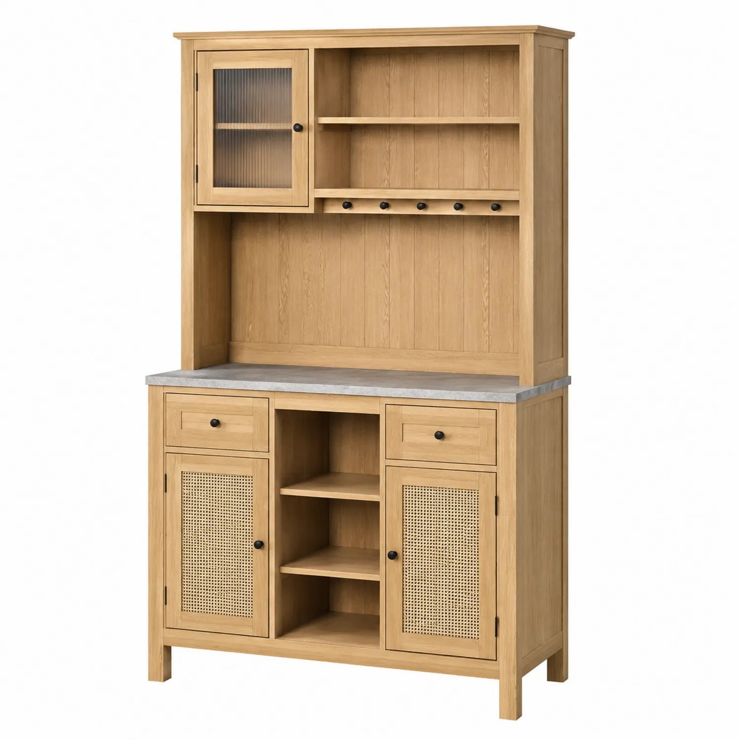 Credenza in Legno Naturale con Ripiani e Vetrina